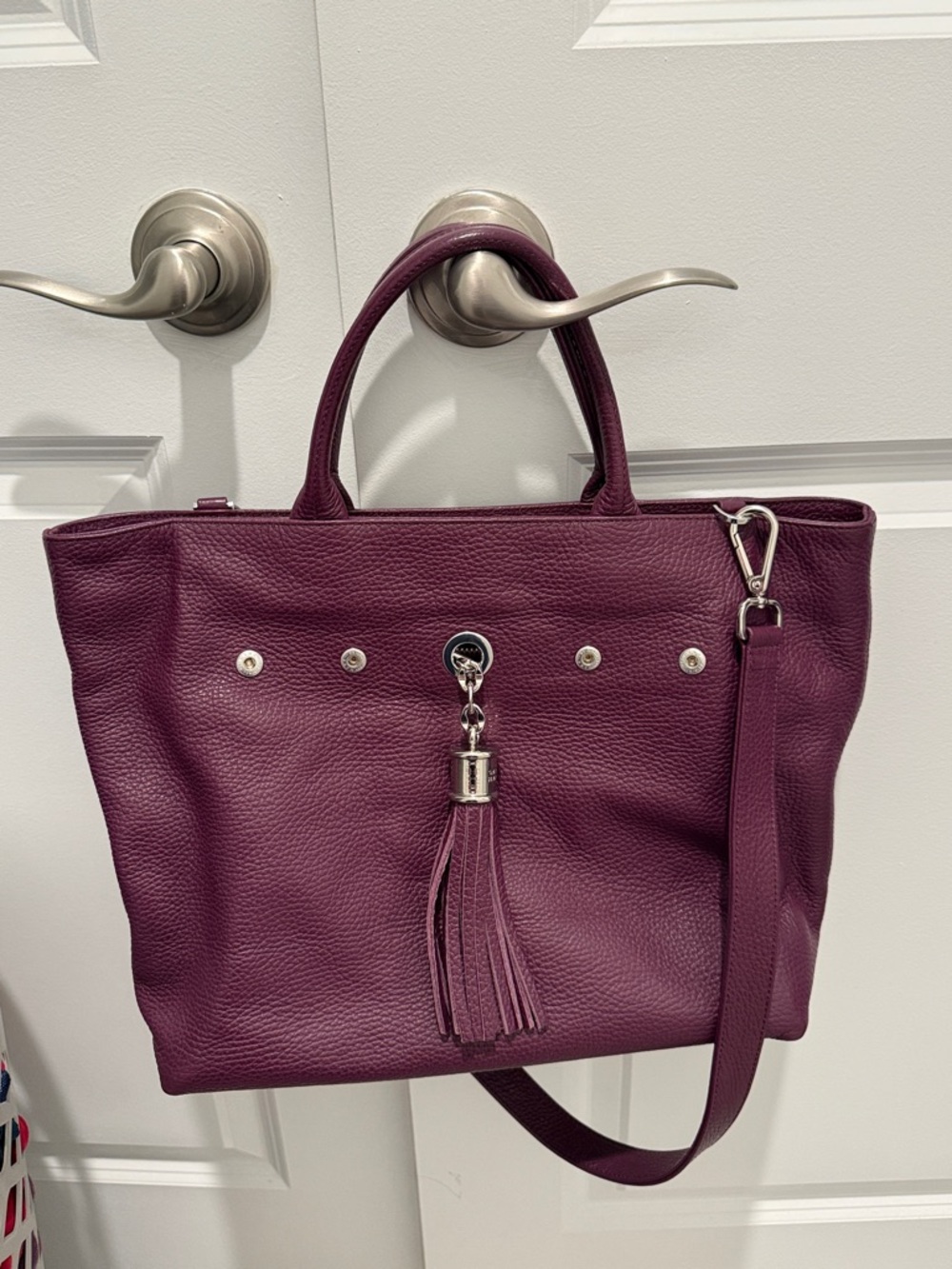 Plum Pebbled Leather Tote with Tassel Charm